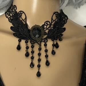 Gothic Black Lace Choker Necklace Cameo Beaded Dangle Victorian Costume 16”